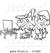 Vector of a Cartoon Black and White Outline Design of Boys and a Girl Using a Computer - Outlined Coloring Page by Toonaday