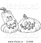Vector of a Cartoon Black and White Outline Design of Happy Jackolanterns - Outlined Coloring Page by Toonaday