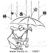 Vector of a Cartoon Black and White Outline Design of Money Raining down on a Businessman - Outlined Coloring Page by Toonaday