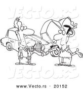 Vector of a Cartoon Black and White Outline Design of Two Men Roadside After a Fender Bender - Outlined Coloring Page by Toonaday