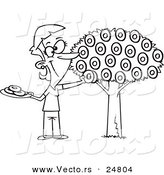 Vector of a Cartoon Black and White Outline Happy Woman Picking Donuts from a Tree - Outlined Coloring Page by Toonaday