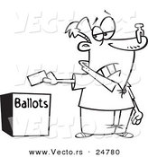 Vector of a Cartoon Black and White Outline Voter with a Nose Plug Putting His Ballot in a Box - Outlined Coloring Page by Toonaday