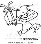 Vector of a Cartoon Black Boy Running with a Gift Box - Coloring Page Outline by Toonaday