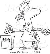 Vector of a Cartoon Blindfolded Man Putting His Vote into a Ballot Box - Outlined Coloring Page Drawing by Toonaday