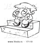 Vector of a Cartoon Bored Boy Sitting on Steps - Coloring Page Outline by Toonaday