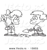 Vector of a Cartoon Boy and Girl Planting an Arbor Day Tree - Outlined Coloring Page Drawing by Toonaday