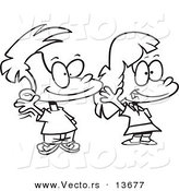 Vector of a Cartoon Boy and Girl Smiling and Waving - Coloring Page Outline by Toonaday