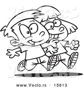 Vector of a Cartoon Boy and Girl Walking Arm in Arm - Outlined Coloring Page Drawing by Toonaday