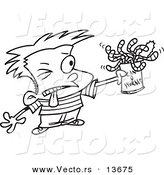 Vector of a Cartoon Boy Holding a Can of Worms - Coloring Page Outline by Toonaday