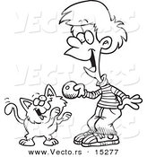 Vector of a Cartoon Boy Playing with a Kitten - Coloring Page Outline by Toonaday