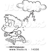Vector of a Cartoon Boy Running from Lightning - Coloring Page Outline by Toonaday