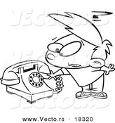 Vector of a Cartoon Boy Trying to Use a Rotary Phone - Outlined Coloring Page by Toonaday