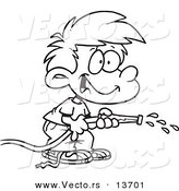 Vector of a Cartoon Boy Using a Garden Hose to Water - Coloring Page Outline by Toonaday