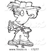 Vector of a Cartoon Boy Using a Slingshot - Coloring Page Outline by Toonaday