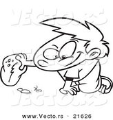 Vector of a Cartoon Boy Watching a Bug Under a Rock - Outlined Coloring Page by Toonaday