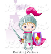 Vector of a Cartoon Boy Wearing Metal Knight Gear Beside a Castle by Pushkin