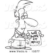 Vector of a Cartoon Broke Man Holding a Will Work for Money Sign - Coloring Page Outline by Toonaday