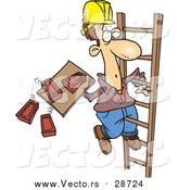 Vector of a Cartoon Brunette White Mason Carrying Bricks on a Ladder by Toonaday