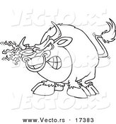 Vector of a Cartoon Bull with Torn Fabric on His Horn - Coloring Page Outline by Toonaday