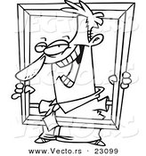 Vector of a Cartoon Businessman Holding up a Frame - Coloring Page Outline by Toonaday
