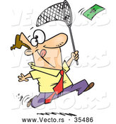 Vector of a Cartoon Businessman Running After Flying Money with a Net by Toonaday