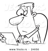 Vector of a Cartoon Businessman Seated at a Desk and Reading a Memo - Outlined Coloring Page by Toonaday