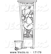 Vector of a Cartoon Businessman Working in a Tiny Telephone Booth - Coloring Page Outline by Toonaday