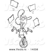 Vector of a Cartoon Businesswoman Juggling File Folders on a Unicycle - Coloring Page Outline by Toonaday
