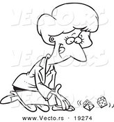 Vector of a Cartoon Businesswoman Kneeling and Rolling Dice - Outlined Coloring Page by Toonaday