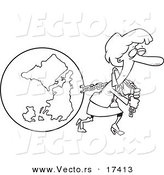 Vector of a Cartoon Businesswoman Pulling Earth - Coloring Page Outline by Toonaday