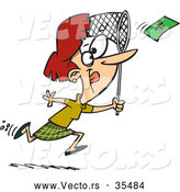 Vector of a Cartoon Businesswoman Running After Flying Money with a Net by Toonaday