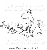 Vector of a Cartoon Busy Accountant Using a Calculator at His Desk - Coloring Page Outline by Toonaday