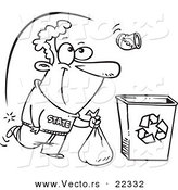Vector of a Cartoon Can Flying over a Man to a Recycle Bin - Coloring Page Outline by Toonaday