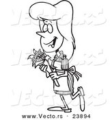 Vector of a Cartoon Candy Striper Carrying Flowers - Coloring Page Outline by Toonaday