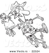 Vector of a Cartoon Carefree Man on a Bike with a Parrot - Coloring Page Outline by Toonaday