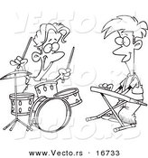 Vector of a Cartoon Cartoon Black and White Outline Design of Boys Drumming and Keyboarding in a Band - Outlined Coloring Page Drawing by Toonaday