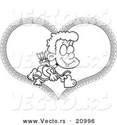 Vector of a Cartoon Cartoon Black and White Outline Design of Cupid Boy over a Heart - Coloring Page Outline by Toonaday