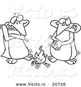Vector of a Cartoon Cartoon Black and White Outline Design of Penguins Warming up by a Fire - Coloring Page Outline by Toonaday