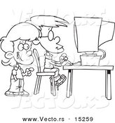 Vector of a Cartoon Cartoon Black and White Outline Design of School Children Using a Computer - Coloring Page Outline by Toonaday