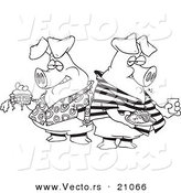 Vector of a Cartoon Cartoon Black and White Outline Design of Two Hogs Pigging out - Coloring Page Outline by Toonaday