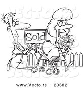 Vector of a Cartoon Cartoon Black and White Outline Design of Welcoming Neighbors by a Sold House - Coloring Page Outline by Toonaday