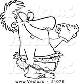 Vector of a Cartoon Caveman Holding a Stone Heart - Coloring Page Outline by Toonaday