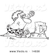 Vector of a Cartoon Caveman Using Stones to Type on a Computer - Coloring Page Outline by Toonaday