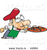 Vector of a Cartoon Chef Blowing out Lit Candles on a Fresh Pizza by Toonaday