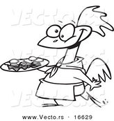 Vector of a Cartoon Chicken Carrying a Plate of Eggs and Bacon - Outlined Coloring Page Drawing by Toonaday