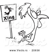 Vector of a Cartoon Chicken Crossing by a Sign - Coloring Page Outline by Toonaday