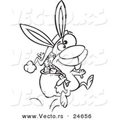 Vector of a Cartoon Christmas Bunny Hopping with Carrots in His Sack - Outlined Coloring Page by Toonaday