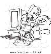 Vector of a Cartoon Christmas Cat with a Computer Mouse in His Mouth - Coloring Page Outline by Toonaday