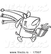 Vector of a Cartoon Christmas Dog Carrying a Present - Coloring Page Outline by Toonaday