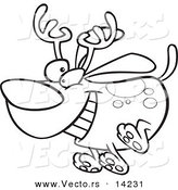 Vector of a Cartoon Christmas Dog Running and Wearing Antlers - Coloring Page Outline by Toonaday